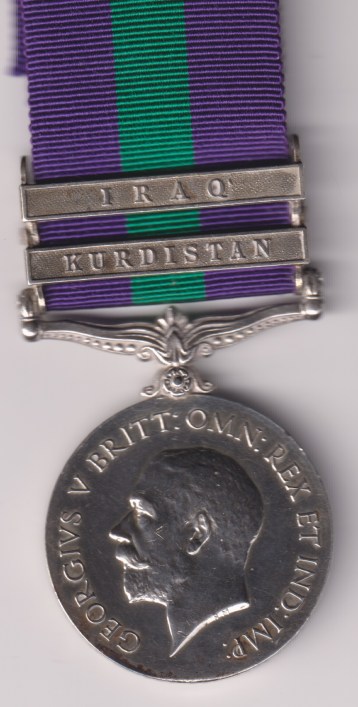 General Service Medal 1918-1962 1st issue George V coinage head, 2 clasps, Kurdistan, Iraq. 3044 Dafadar Munshi Ram, 11th Lancers.  GVF/EF