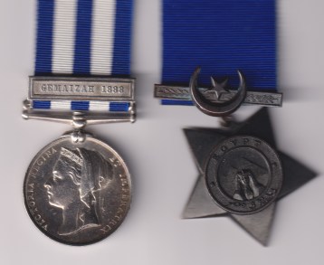 Egypt Medal 1882-1889 (Undated), 1 clasp, Gemaizah 1888, (1854 Pte. W. Douglass 2/K.O.Sco.Bord). Khedive's Star 1882-1891, undated, unnamed as issued. 1854 Private W. Douglass, 2/King's Own Scottish Borderers. VF/GVF