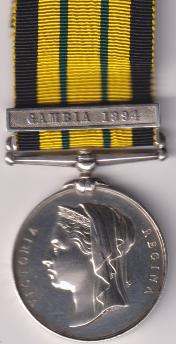 East and West Africa Medal 1887-1900, 1 clasp, Gambia 1894. 135780 Able Seaman A. W. Badge, Royal Navy H.M.S. Magpie.  EF