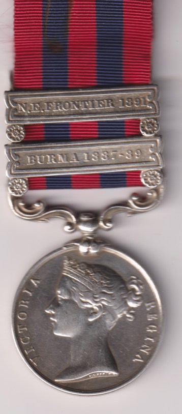 India General Service 1854-95, 2 clasps, Burma 1887-89, N.E. Frontier 1891. 11544 Sepoy Kamansingh Rana 44th battalion Infantry. Fine