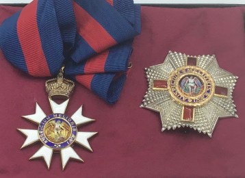 Most Distinguished Order of St. Michael and St. George, Knights Commander K.C.M.G., neck badge and breast star,in silver-gilt and enamel, George V/V1 period, star fitted with a safety catch, badge with full neck ribbon.  EF