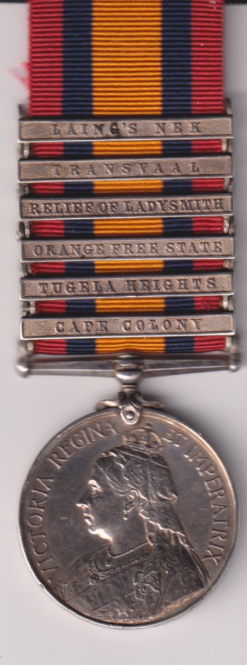Queen's South Africa Medal 1899-1902, 6 clasps, Cape Colony, Tugela Heights, Orange Free State, Relief of Ladysmith, Transvaal, Laing's Nek . 5762 Corporal G. Seath Durham Light Infantry.  VF/GVF