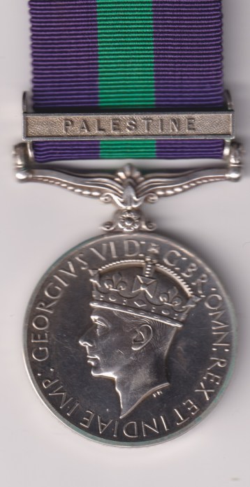 General Service Medal 1918-1962 3rd issue George VI IND IMP:, 1 clasp, Palestine, regimental number officially corrected. 2321214 Signaller R.M. Crofton, Royal Signals.  EF