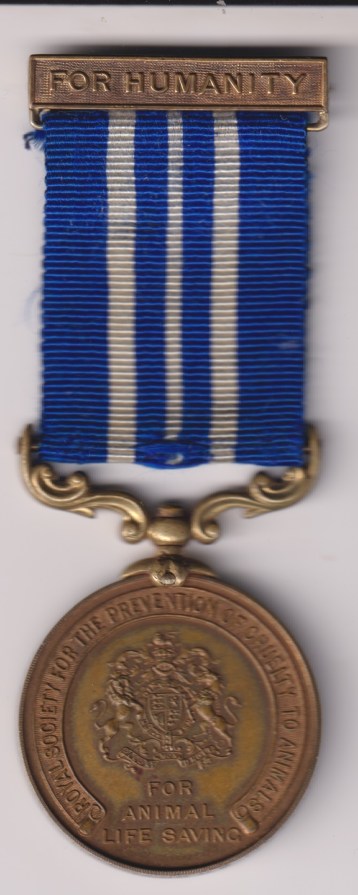 R.S.P.C.A. Life Saving Medal, bronze (William Sweetland. 1920) with ‘For Humanity’ top brooch bar.  NEF