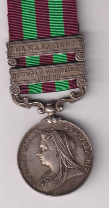 me 	 India General Service Medal 1895-1902, 2 clasps, Punjab Frontier 1897-98, Samana 1897. 4837 Private M. Gallon, 2nd battalion Royal Irish Regiment.  Light contacting to the rim otherwise  GVF