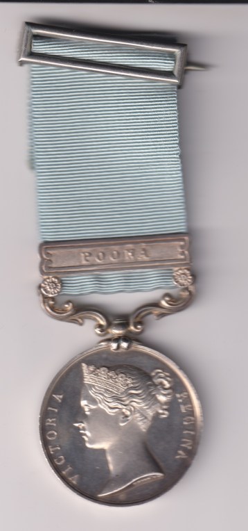 Army of India Medal 1799-1826 Short hyphen reverse, 1 clasp, Poona, fitted with silver ribbon buckle. Lieutenant W. Wilkins, 4th Native Infantry.  EF