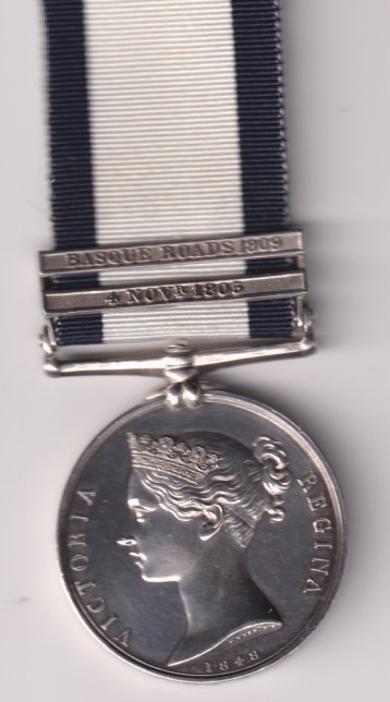 Naval General Service Medal 1793-1840, 2 clasps, 4 Novr 1805 (296), Basque Roads 1809 (529). John Gibbs. GVF/EF
