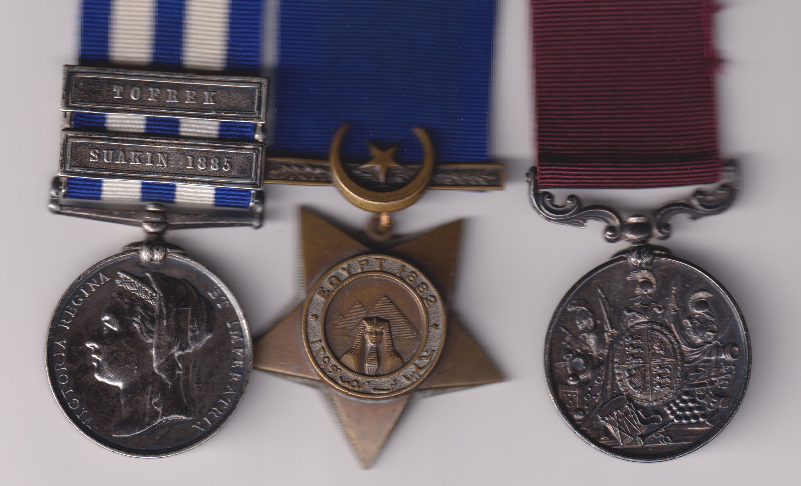 Egypt Medal 1882-188, dated 1882, 2 clasps, Suakin 1885, Tofrek, (14259 Sap.A Salt 18th Cy. R.E) Khedive's Star 1882-1891, dated 1882 unnamed as issued, Army Long Service and Good Conduct Medal, Victoria issue, 3rd type 1874-1901, swivelling scroll suspension with smaller reverse lettering ( 14259 Sapper A. Sails R.E) 4259 Sapper A. Sails Royal Engineers. Star marks VF/GVF