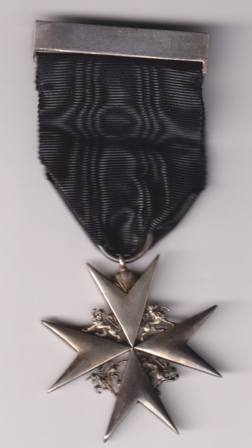 Order of St. John of Jerusalem, fficer (brother), breast badge, plain silver cross 1926-1936 in silver, on an original ribbon and pin.  EF