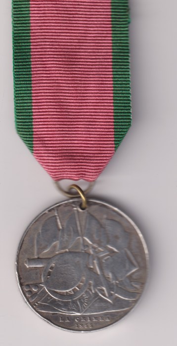 Turkish Crimea Medal Sardinian issue, Private J. Revill. 34th Regiment, contemporarily engraved naming, pierced as issued with later ring suspension. VF