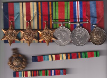 1939-45 Star, Africa Star, Burma Star, Defence Medal, War Medal, Imperial Service Medal, Elizabeth II issue, 2nd type, 'Dei Gratia' (Bernard Day) original Royal Marine Cap Badge. Bernard Day EF