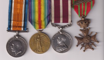 British War and Victory Medals (96252 Sjt. F. W. Thake. R.A.); Army Meritorious Service Medal, G.V.R., 1st issue (96252 Sjt: F. W. Thake. 199/Sge: By: R.G.A.) Belgium Croix de Guerre 1914-1918, with palm leaf. Sergeant F. W. Thake, Royal Garrison Artillery. VF