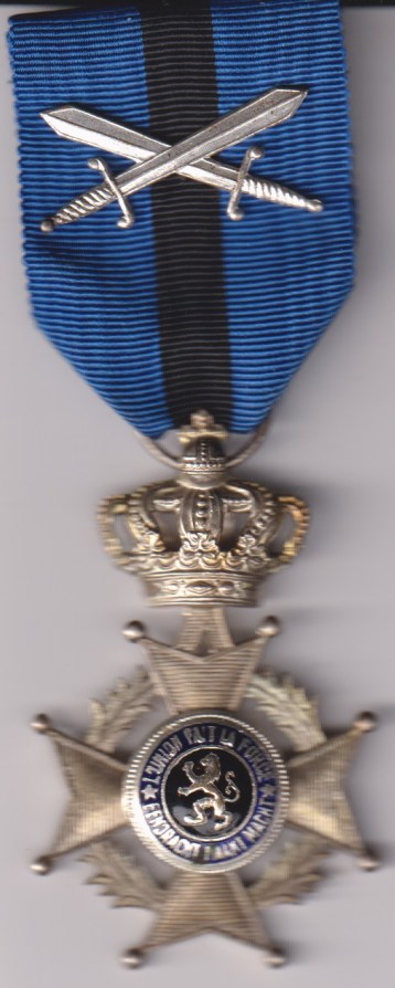 Belgium, Kingdom, Order of Leopold II Officer’s breast badge gilt and enamel, bilingual motto, with crossed swords.   EF