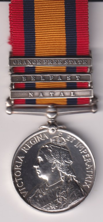 Queen's South Africa Medal 1899-1902, 3 clasps, Natal, Belfast, Orange Free State, 2918 Private P. McCullough 1st Royal Inniskilling Fusiliers. GVF