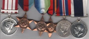 1939-45 Star; Atlantic Star; Burma Star; War Medal, Naval General Service 1915-62, 2nd issue George V1 INDIAE IMP: 1 clasp, Palestine 1936-1939 (J.54908 C. H. Hickin. L.Tel., R.N). officially re-impressed naming; Royal Navy Long Service and Good Conduct Medal , George V, 2nd type coinage head, 1930-1936, (J.54908 C. H. Hicki. L.Tel. H.M.S. Douglas) Petty Officer Telegraphist C. H. Hickin, Royal Navy.H.M.S. Douglas. EF.