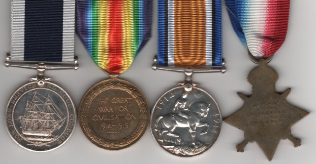 1914-15 Star (J.1830, J. R. Newman, A.B., R.N.); British War Medal, Victory Medal (J.1830 J. R. Newman. A.B. R.N.); Royal Navy Long Service and Good Conduct Medal George V, 1st type Admirals bust, 1911-1930 (J.1830. J. R. Newman. A.B. H.M.S. Marshall Ney.) Able Seaman J. R. Newman, Royal Navy H.M.S. Marshall Ney EF. - Image 2