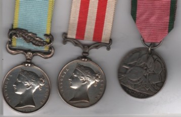 Crimea War Medal 1854-1856, Officially impressed 1 clasp, Sebastopol (Danl. Patten, Ord.) Indian Mutiny Medal 1857-1858, no clasp (Danl. Patten, A.B. Pearl.); Turkish Crimea 1855, Sardinian issue, unnamed 2 silver ring suspension. Able Seaman Daniel Patten, Royal Navy, HMS Pearl.  VF