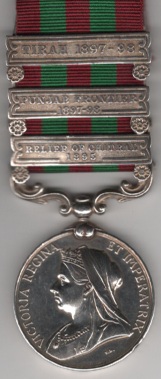 India General Service 1895-1902, 3 clasps, Relief of Chitral 1895, Punjab Frontier 1897-98, Tirah 1897-98, 3 clasps, Relief of Chitral 1895, Punjab Frontier 1897-98, Tirah 1897-98. 1733 Private George Bettam, 1st. Bn. Devonshire Regiment. Clasp carriage altered to accommodate additional clasps, with unofficial rivets between clasps. VF