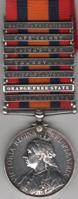 Queen’s South Africa 1899-1902, 7 clasps, Tugela Heights, Orange Free State, Relief of Ladysmith, Transvaal, Laing’s Nek, Cape Colony, South Africa 1901. 2535 Private W. Lawrence. Middlesex Regiment . VF