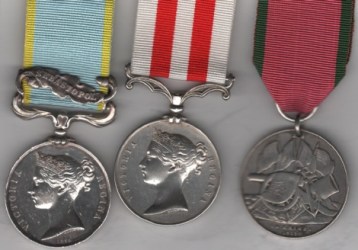 Crimea War Medal 1854-1856, Officially impressed,  1 clasp, Sebastopol (John Griffiths, 23rd Regt.) Indian Mutiny Medal 1857-1858, no clasp (John Griffiths, 1st Bn. 23rd R.W. Fusrs.); Turkish Crimea 1855, Sardinian issue. J. Griffiths, Royal Welsh Fusiliers. FINE/GF