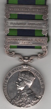 India General Service 1908-35, 3 clasps, Afghanistan N.W.F. 1919, Mahsud 1919-20, Waziristan 1919-21. 4709 Sepoy Mir Mohd, 57/Rifles Frontier Force.  Top clasp wired, GVF