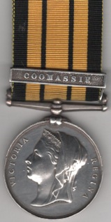 Ashantee 1873-74, Edge engraved 73-74, 1 clasp, Coomassie. 2077 Private J. Richards, 2 Bn. Rifle Brigade.  VF