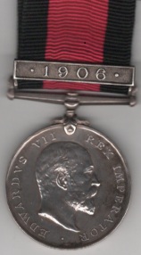 Natal 1906, 1 clasp, 1906 Trooper S. Bernts Border Mounted Rifles.  Edge bruise 9.0 VF/GVF