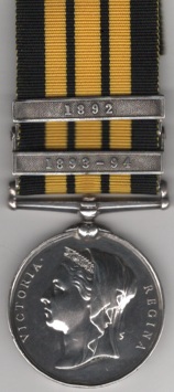 East and West Africa 1887-1900, 2 clasps, 1893-94, 1892. 377  Private E. Anderson 1/West India Regiment, clasps mounted in reverse order GVF