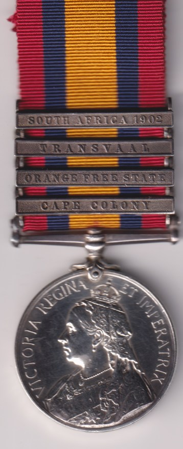 Queen's South Africa Medal 1899-1902, 4 clasps, Cape Colony, Orange Free State, Transvaal, South Africa 1902. 6473 Private S.H McGowan Royal Inniskilling Fusiliers. EF 