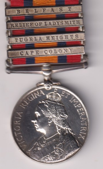 Queen's South Africa Medal 1899-1902, clear ghost dates to reverse, 4 clasps, Cape Colony, Tugela Heights, Relief of ladysmith, Belfast. 2752 (*275* officially corrected) Private J. Campell, 1st Royal Inniskilling Fusiliers . EF