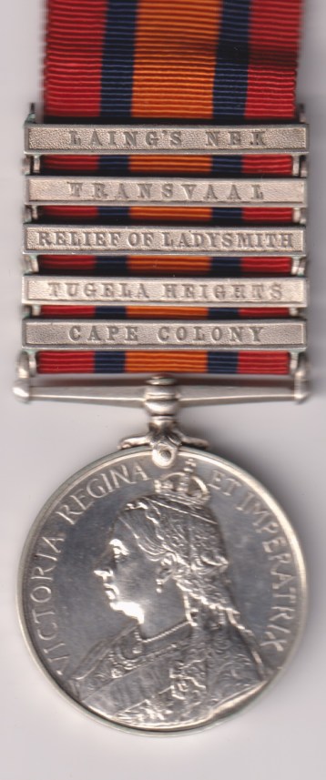 Queen's South Africa Medal 1899-1902, 5 clasps, Cape Colony, Tugela Heights, Relief of Ladysmith, Transvaal, Laing's Nek, 4459 Private L. Clarke Rifle Brigade.  EF