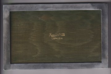 Silver Picture Frame by Maplin & Webb, hallmark 1918 silver weight 59 grams. Size approx. 20 X 12 cm. edge engraved 1914- 1919. ‘To Walter Risley Hearn Esp. H. Bell Consul General from the Staff of the Heitford British Hospital Paris’. Good condition