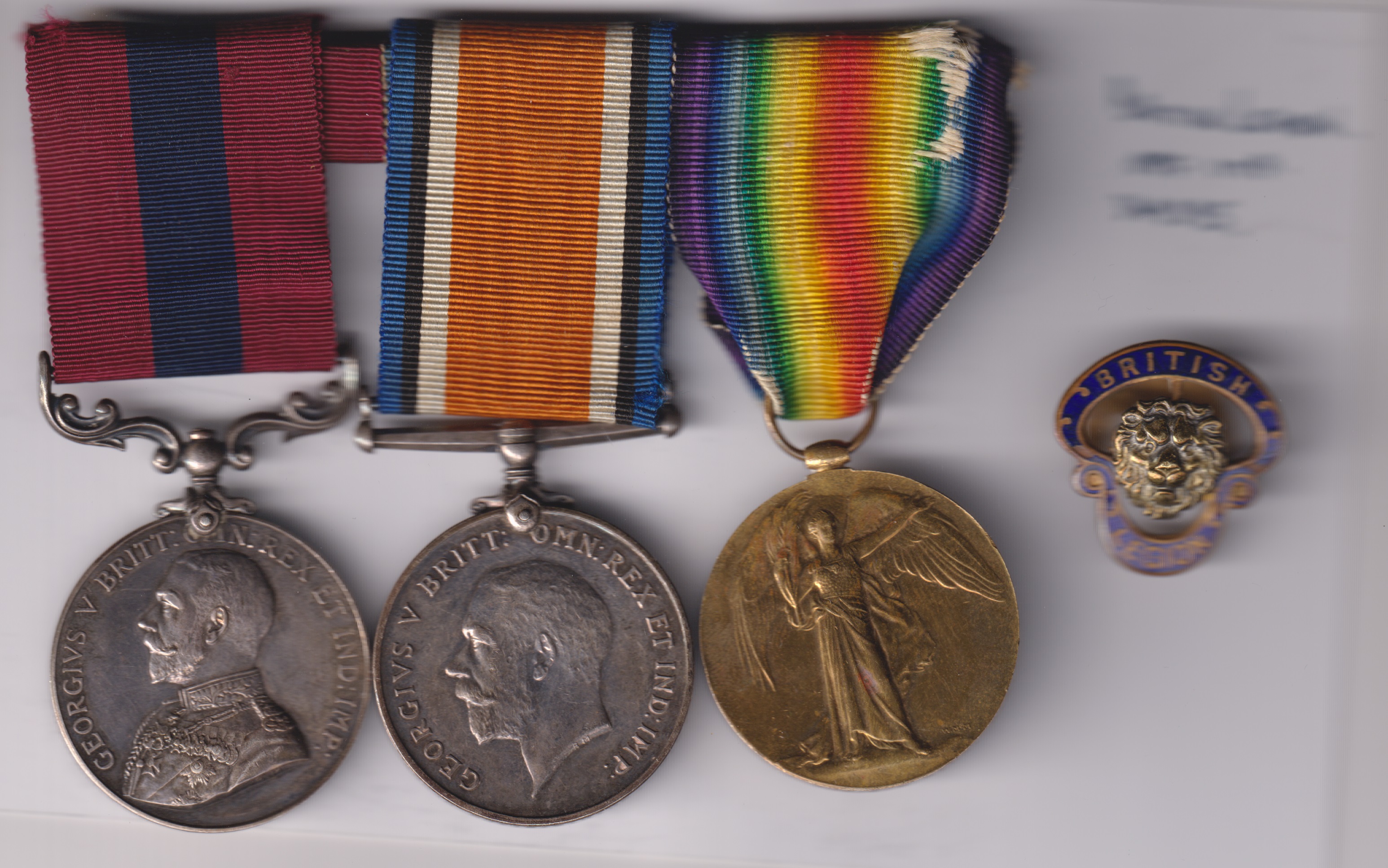 Distinguished Conduct Medal, G.V.R, (48210 Sgt. G.W. King 'A'O' Cab. Sec. R.E.) British War Medal, Victory Medal (48210 Sgt. G.W. King R.E.) British Legion Pin officially impressed (349395) 48210 Sergeant G.W. King Royal Engineers. GVF/EF