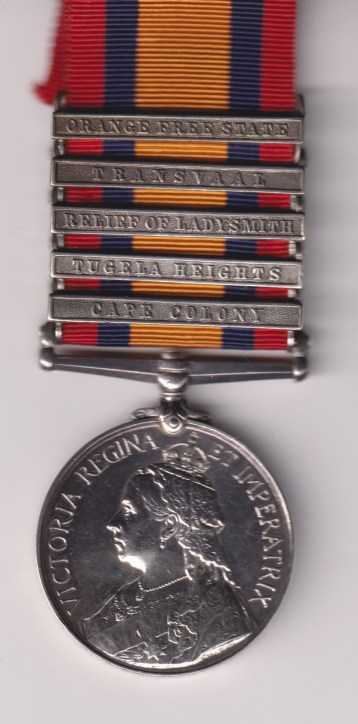 Queen's South Africa Medal 1899-1902, 5 clasps, Cape Colony, Tugela Heights, Relief of Ladysmith, Transvaal, Orange Free State, 5965 Private R. Gillies 1st Royal Inniskilling Fusiliers . GVF