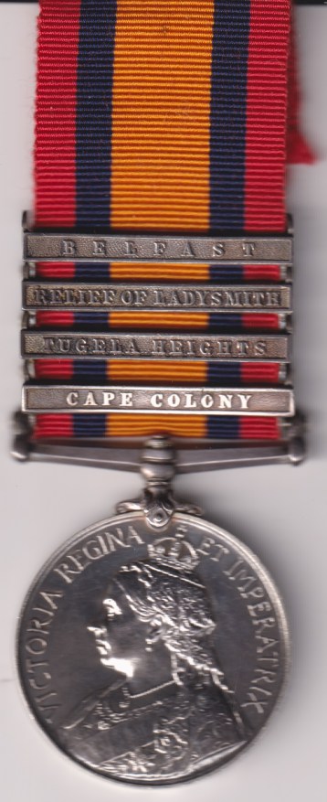 Queen's South Africa Medal 1899-1902, 4 clasps, Cape Colony, Tugela Heights, Relief of Ladysmith, Belfast. 2542 Private E. Murphy 1st Royal Inniskilling Fusiliers. EF