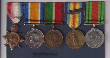 1914-15 Star (S.D. 28. B. A. Mitchell, D.H., R.N.R.); British War Medal 1914-20 (28 .D. B. A. Mitchell. 2 Hd. R.N.R.); Mercantile Marine War Medal 1914-18 (B. A. Mitchell)  Victory Medal (Erased and Renamed) (28 S.D. B. A. Mitchell. 2 Hd. R.N.R.); Defence Medal(5)(28 S.D. B. A. Mitchell. 2 Hd. R.N.R.) Second Hand B. A. Mitchell, Royal Naval Reserve.