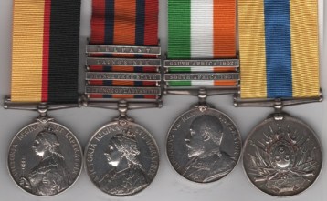 Queen’s Sudan 1896-98 (19518 Dr: W. J. Cartwright. R.A.); Queen’s South Africa 1899-1902, 4 clasps, Defence of Ladysmith, Orange Free State, Laing’s Nek, Belfast (19518 Dr. W. J. Cartwright, R.F.A.); King’s South Africa 1901-02, 2 clasps, South Africa 1901, South Africa 1902 (19518 Dvr: W. J. Cartwright. R.F.A.); Khedive’s Sudan 1896-1908, no clasp (19518 Dr. W. J. Cartwright. 32. F.B. R.A.) 19518 Driver W. J. Cartwright, Royal Field Artillery.  VF/VF_+