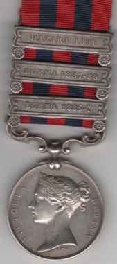 India General Service 1854-95, 3 clasps, Burma 1885-7, Burma 1887-89, Hazara 1891. 46692 Gunner. A. Williamson No. 1 By., 1st Bde. E. Dn. Royal Artillery.
