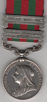 India General Service 1895-1902, 2 clasps, Punjab Frontier 1897-98, Tirah 1897-98. 4432 Private  E. Hutton 2d. Battalion  Oxfordshire & Buckinghamshire Light Infantry.   Fine