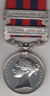 India General Service 1854-95, 2 clasps, Burma 1887-89, Burma 1885-7. 1874 Corporal J. Williams, 2nd Btn Somerset Light Infantry. Clasps in reverse order with top lugs removed. VF