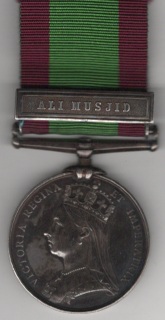 Afghanistan Medal 1878-1880, 1 clasp, Ali Musjid, 70 Private J. Fowler 4th battalion Rifle Brigade GVF/EF