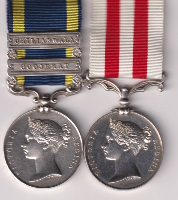 Punjab Campaign Medal 1848-1849, 2 clasps, Goojerat, Chilianwala (J. Crowdy, 24th Foot) Indian Mutiny Medal 1857-1858, no clasp, (2650 Corpl J Crowdy 1st Bn HMs 24th Regt) 2650 Corporal J. Crowdy 1st battalion H.M. 24th Regiment.  Pleasing VF.
