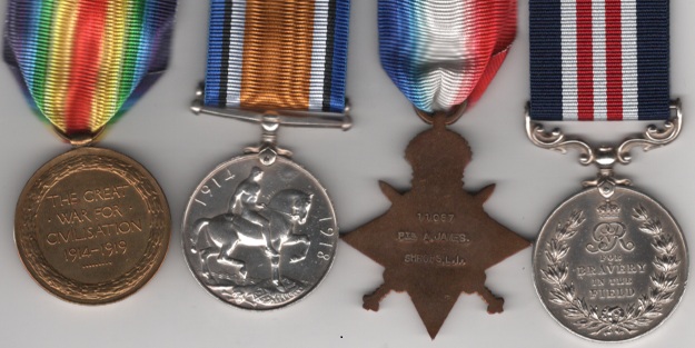 Military Medal, G.V.R. (11087 L. Cpl. A. James. 6/Shrops: L.I.); 1914-15 Star (11087 Pte. A. James. Shrops. L.I.); British War Medal, Victory Medal (11087 Pte. A. James. Shrops. L.I.) Lance-Corporal A. James, 6th Battalion, Shropshire Light Infantry. VF/GVF - Image 2