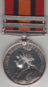 Queen’s South Africa 1899-1902, 2 clasps, Cape Colony, South Africa 19012 clasps, Cape Colony, South Africa 1901.  Lieutenant R. R. Rowe, Middlesex Regiment. Top lugs removed from 1901 clasp, unofficial rivets.  VF/GVF