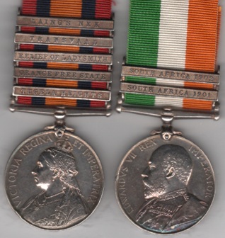 Queen's South Africa Medal 1899-1902, 5 clasps, Tugela Heights, Orange Free State, Relief of Ladysmith, Transvaal, Laing’s Nek (5454 Pte. M. Flanagan, W. Yorkshire Regt); King’s South Africa, 1901-02, 2 clasps, South Africa 1901, South Africa 1902, (5454 Pte. J. Flanagan. W. York: Regt), (note differing initial)  Private M Flanagan, West Yorkshire Regiment. EF