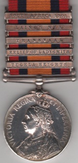 Queen’s South Africa, 1899-1902, ghost dates to reserse 5 clasps, Tugela Heights, Relief of Ladysmith, Transvaal, Laing’s Nek, South Africa 1901. 2980 Private W. Farquhar Scottish Rifles. EF