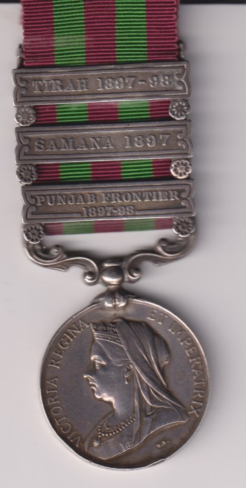 Renamed Medal, India General Service Medal 1895-1902, 3 clasps, Punjab Frontier 1897-98, Samana 1897, Tirah 1897-98, renamed to 'Sergeant A.G. Birch 5th batt, Royal Field Artillery'  VF