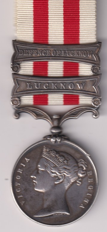 Indian Mutiny Medal 1857-1858, 2 clasps, Lucknow, Defence of Lucknow. Samuel Coopland, 84th Foot.  VF