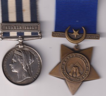 Egypt Medal 1882-1889 (Undated), 1 clasp, Suakin 1885, (1970 Pte. J.Holmes 1/Shrops. L.I) Khedive's Star 1882-1891, Dated 1884-6. unnamed as issued1970 Private J. Holmes, 1/Shropshire Light Infantry.  EF