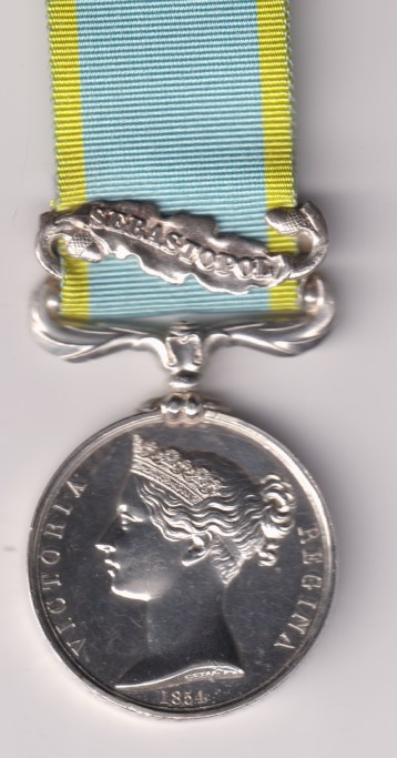 Crimea War Medal 1854-1856, officially impressed, 1 clasp, Sebastopol. W. Russell, Grenadier Guards.  Choice EF.